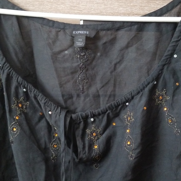 Black Silk Peasant Top with Rhinestones - Picture 2 of 5